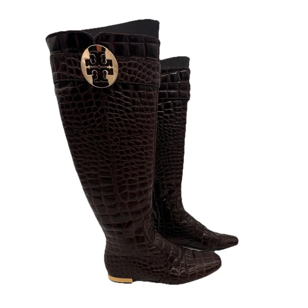 Tory Burch Brown Crocodile embossed leather riding boot Gold Heel & Logo Size‎ 7